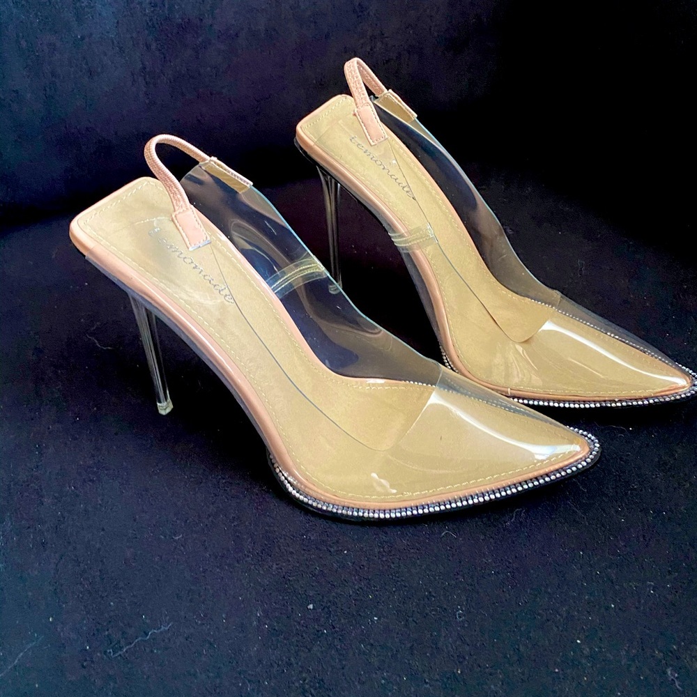 Clear PVC Sling Back Heels w/Rhinestone Detail